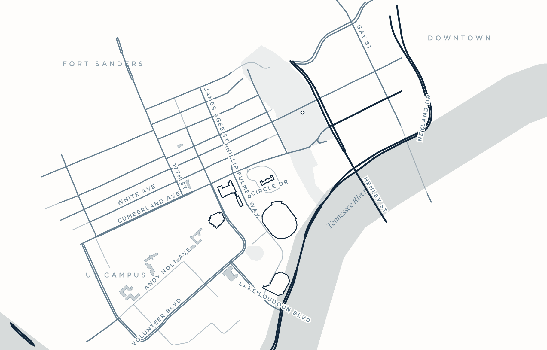 Map of the University of Tennessee campus area showing the WIN Center at 1501 White Avenue, one block north of Cumberland Avenue.