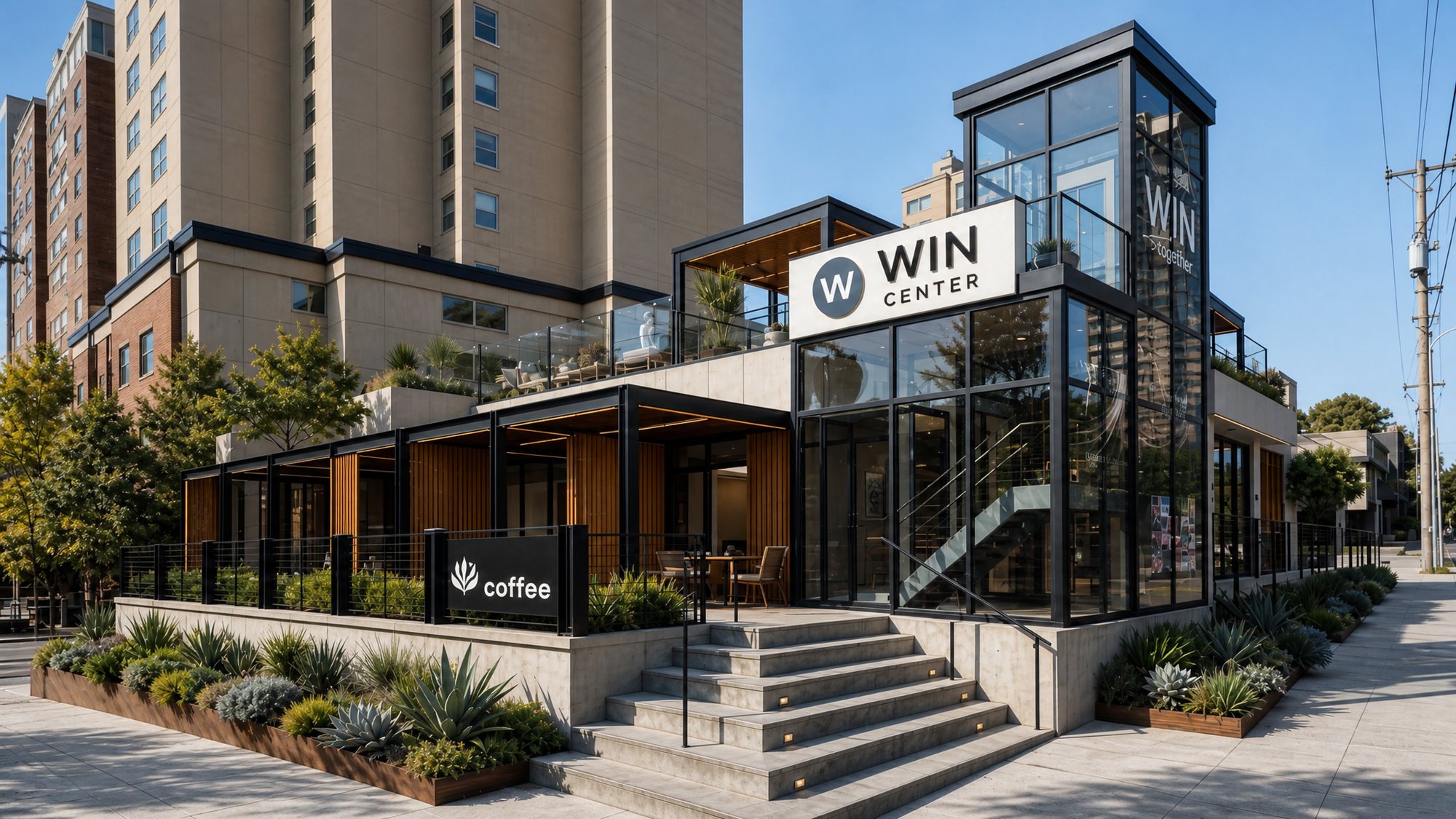 Rendering of the WIN Center at 1501 White Avenue: a two-story glass and steel building with a corner coffee bar, rooftop terrace, and front steps facing the street.