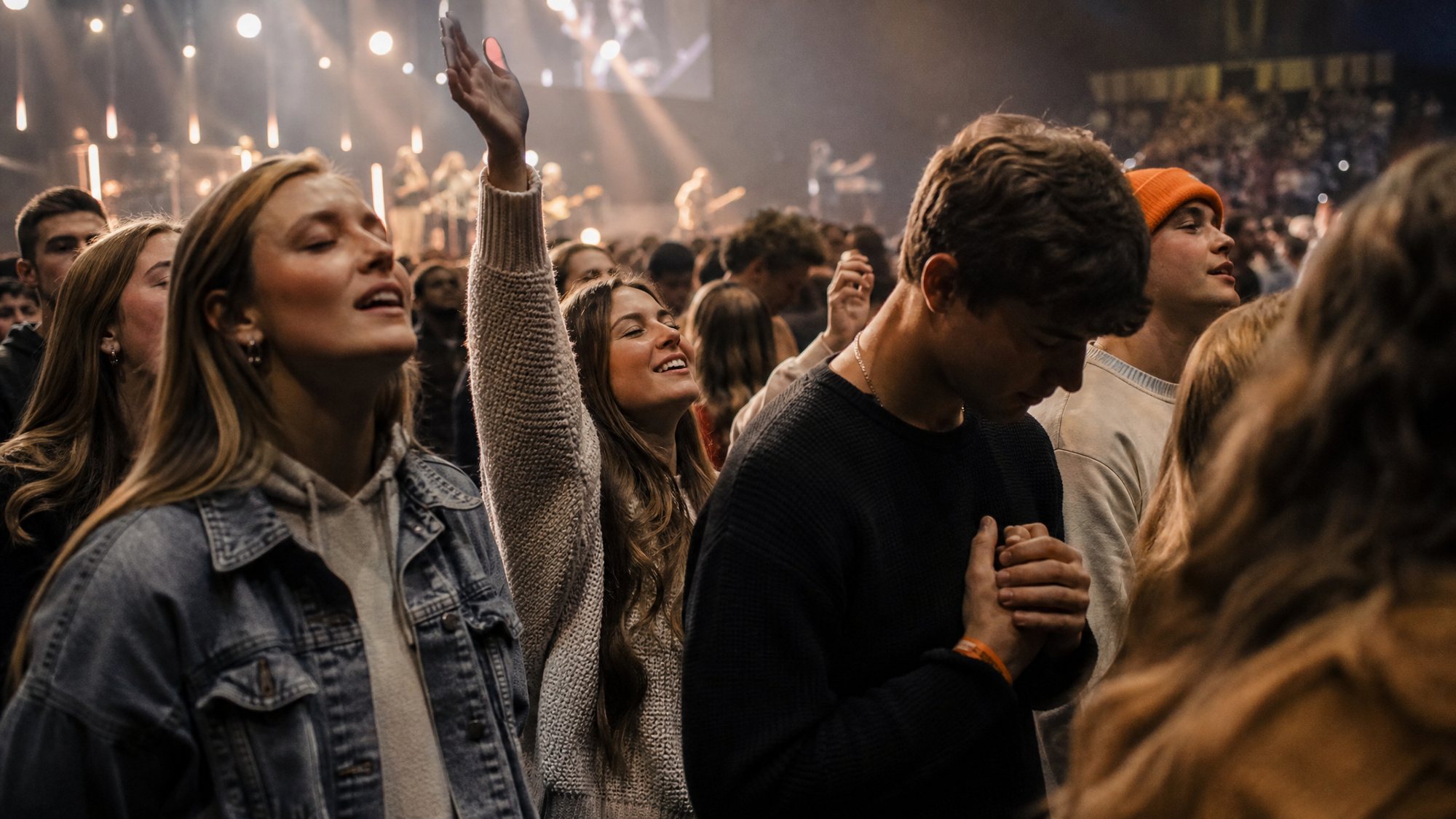 Young adults worshiping together, one with a hand raised and one with head bowed.
